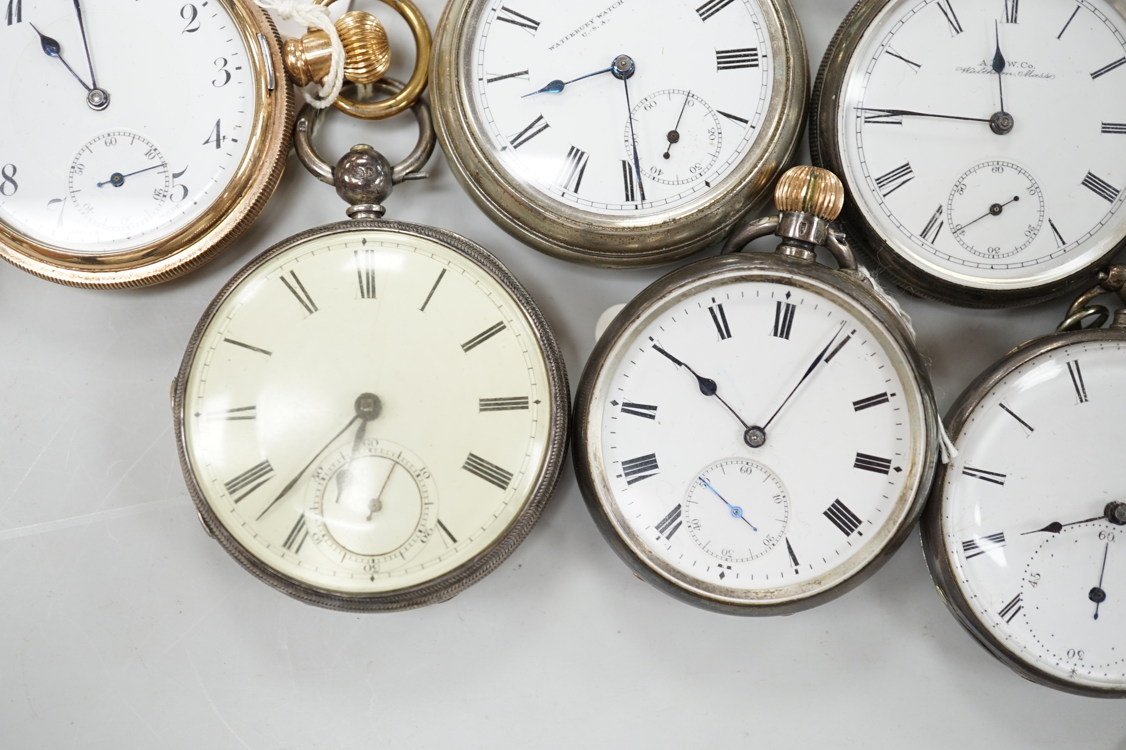 Twelve assorted silver or base metal pocket watches including chrome Omega, Searle & Co and gold plated hunter.